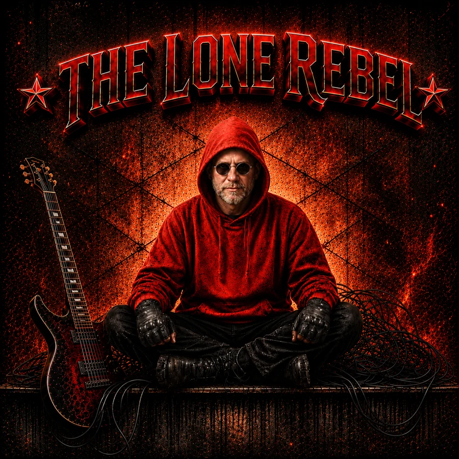 The Lone Rebel in a red hoodie and sunglasses, beside a guitar
