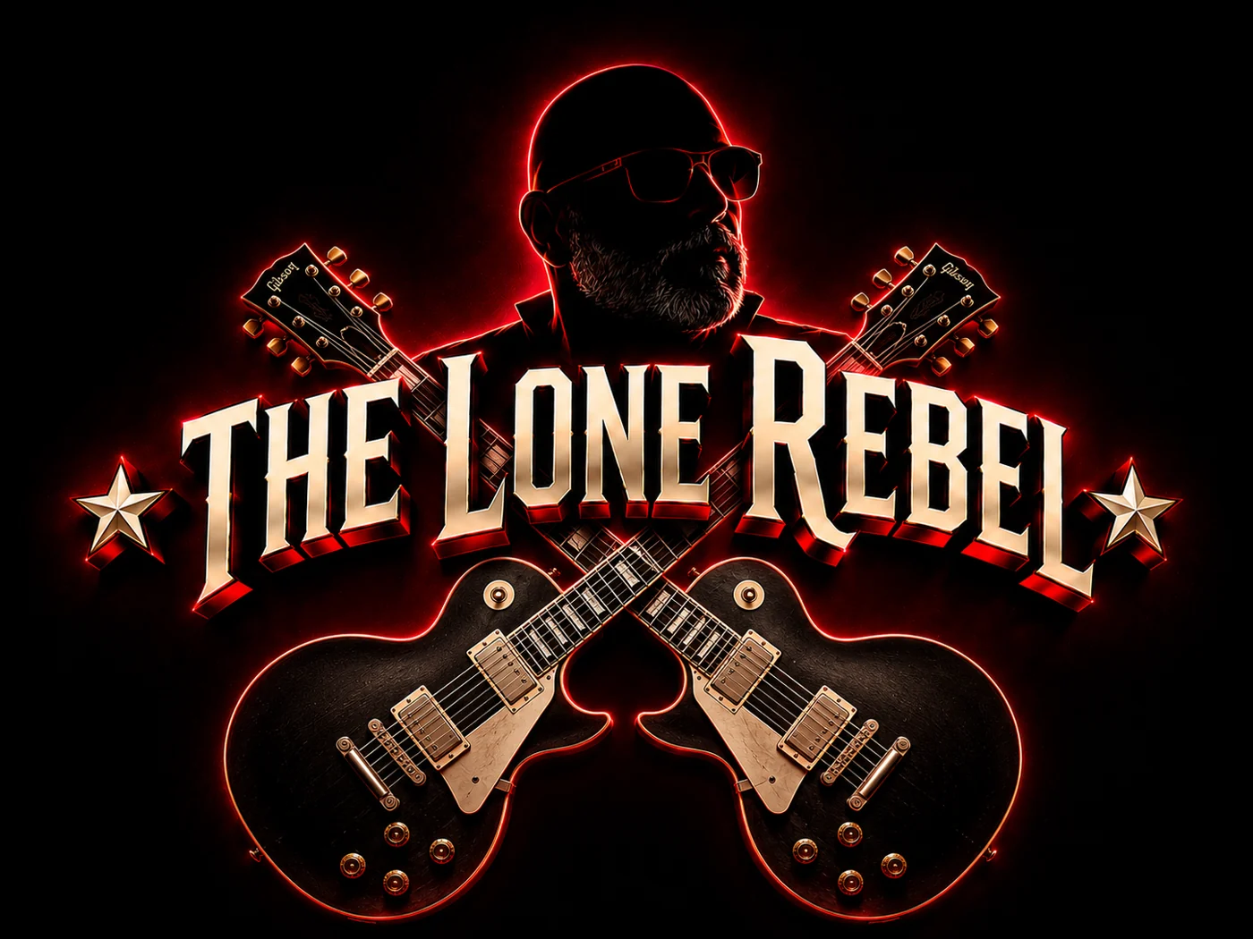 The Lone Rebel in sunglasses, with crossed guitars and the gold and red artist logo